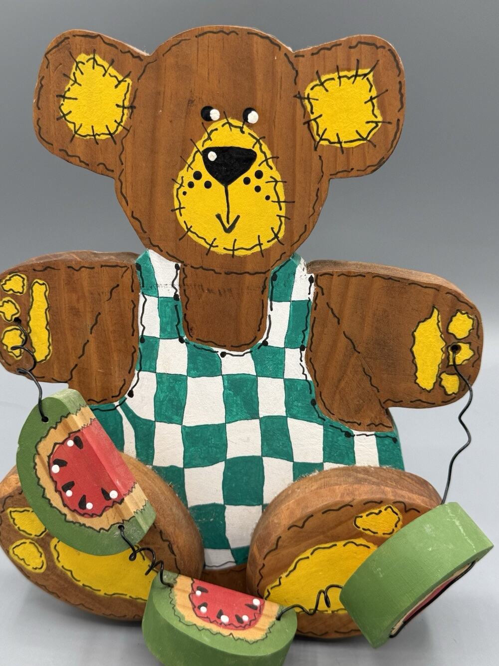 Vintage Folk Art Wood Teddy Bear Watermelon Hand Painted Country Decor